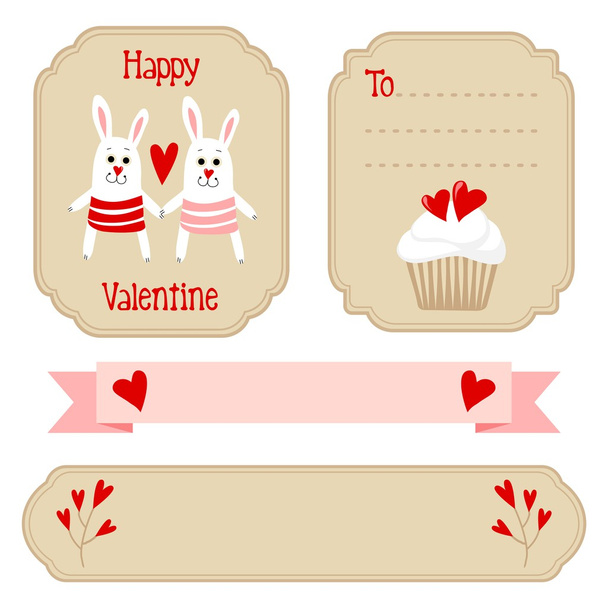 Cute valentines wedding set, labels, ribbons, emblems, other elements, vector illustration - Вектор, зображення