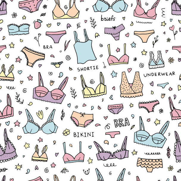 Lingerie seamless pattern. Vector underwear background design. Outline hand drawn illustration. Bras and panties doodle. - Vector, Image