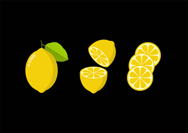 Frutta fresca al limone con foglio di foglie. Elementi di limoni per risorse grafiche. Il vettore di frutta al limone è diviso con uno sfondo nero. Cartoni animati di frutta al limone - Vettoriali, immagini