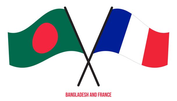 Bangladesh ja Ranska liput ristissä ja heiluttaa tasainen tyyli. Virallinen osuus. Oikeat värit. - Vektori, kuva