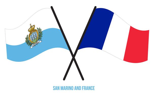 Bandiere di San Marino e Francia incrociate e sventolanti in stile piatto. Proporzione ufficiale. Colori corretti. - Vettoriali, immagini