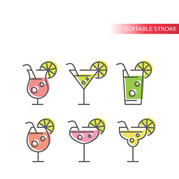 Verres à cocktail icônes vectorielles colorées ensemble. Martini, mojito, cocktails margarita avec paille et tranche de citron, ensemble d'icônes de trait modifiables. - Vecteur, image