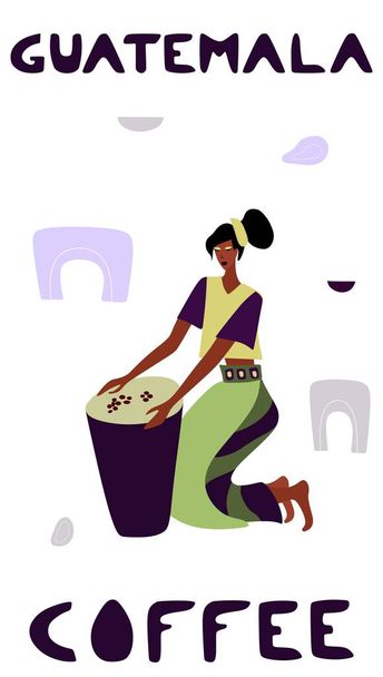Vector illustration of woman pickers are harvesting coffee from branches of trees. - Vector, imagen