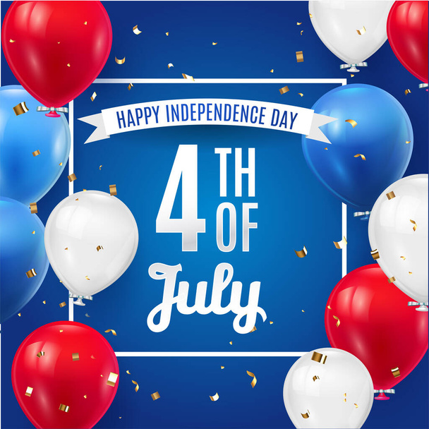 4 липня на плакаті зображений американський прапор з кольоровими кульками. Четверте липня - картка привітання. Прапор Дня незалежності США на продаж, знижку, рекламу, веб. Приклад вектора - Вектор, зображення