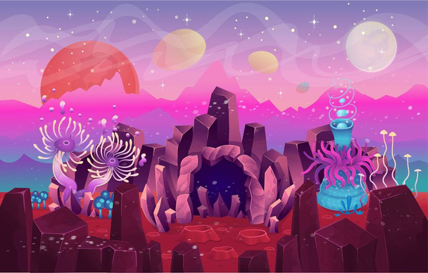 Fantasy landscape with a cave magical plants and mushrooms. Illustration of space or the seabed. Background for games and mobile applications. - Vector, Image