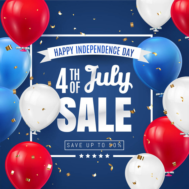Fourth of July Independence Day Sale Banner Design with Balloon american flag color. USA National Holiday Vector Illustration with Special Offer Typography Elements for Coupon, Voucher, Banner, Flyer - Вектор, зображення