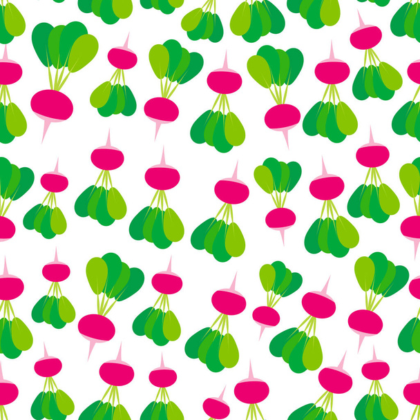 Seamless pattern with pink radish with green leaves, isolated on white background trend of the season. Can be used for Gift wrap fabrics, wallpapers, food packaging. Vector illustration - Vektor, kép