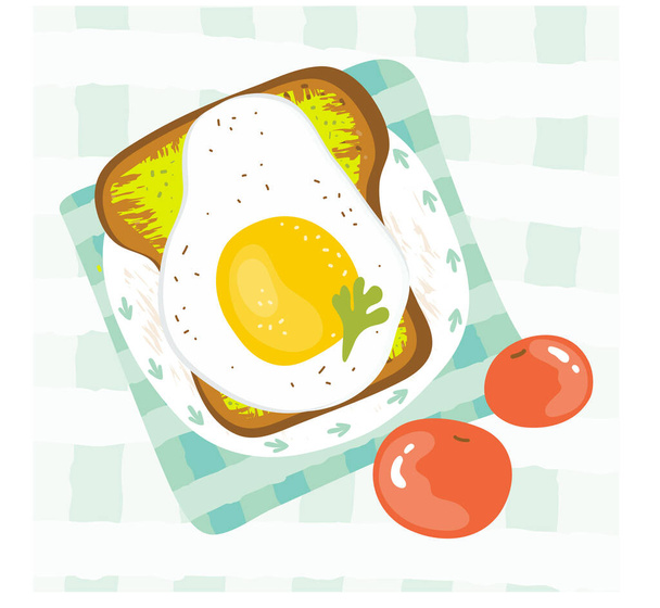 Zdrowe śniadanie rano serwowane z jajkiem smażonym, awokado, pomidor, kanapka. Dzień dobry menu w lecie. Zrównoważona dieta. Pyszne jedzenie. Ręcznie rysowane wektor ilustracja kreskówka styl - Wektor, obraz