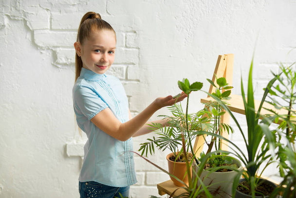 beautiful young teenager girl with plants - Фото, изображение