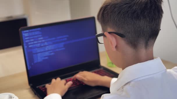 Retrato de criança menino prodígio em óculos está programando o código no laptop em casa. Jovem hacker trabalha em um computador
. - Filmagem, Vídeo