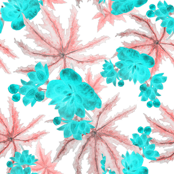 Hawaiian seamless pattern with watercolor tropical leaves and flowers. Exotic Orchid flowers. Tropical summer floral print. - Photo, Image