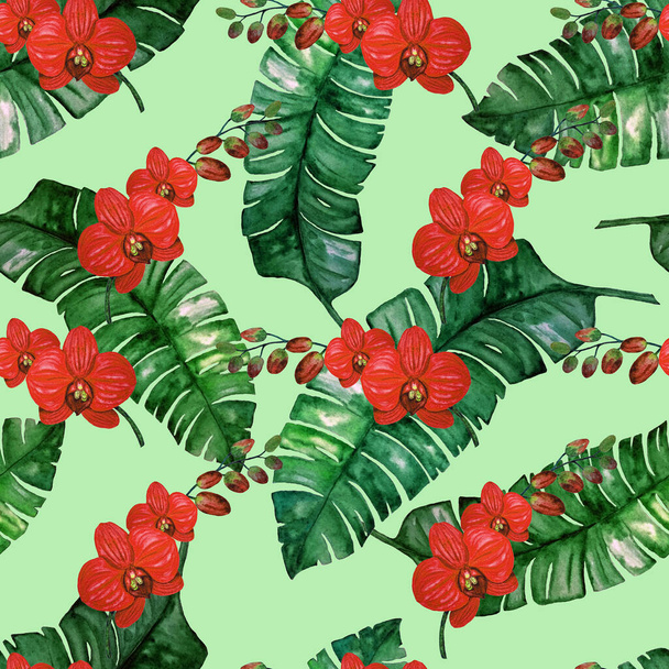 Hawaiian seamless pattern with watercolor tropical leaves and flowers. Exotic Orchid flowers. Tropical summer floral print. - Foto, imagen