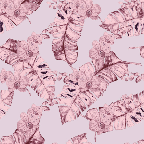 Hawaiian seamless monochrome pattern with watercolor tropical leaves and flowers. Exotic Orchid flowers. Tropical summer floral print. - Foto, Imagem
