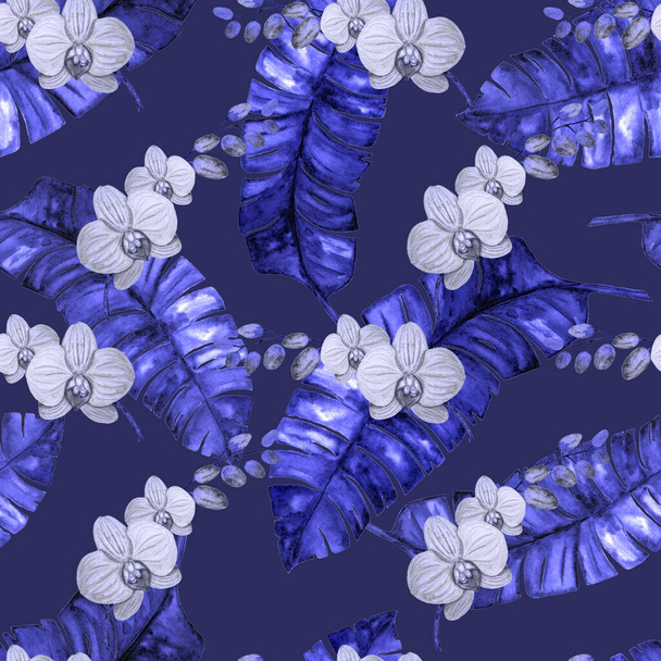 Hawaiian seamless monochrome pattern with watercolor tropical leaves and flowers. Exotic Orchid flowers. Tropical summer floral print. - Zdjęcie, obraz