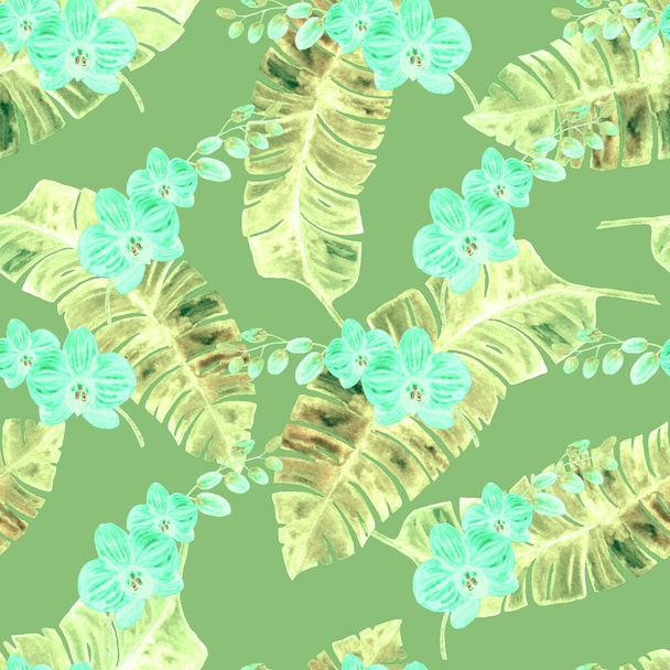 Hawaiian seamless pattern with watercolor tropical leaves and flowers. Exotic Orchid flowers. Tropical summer floral print. - Foto, afbeelding