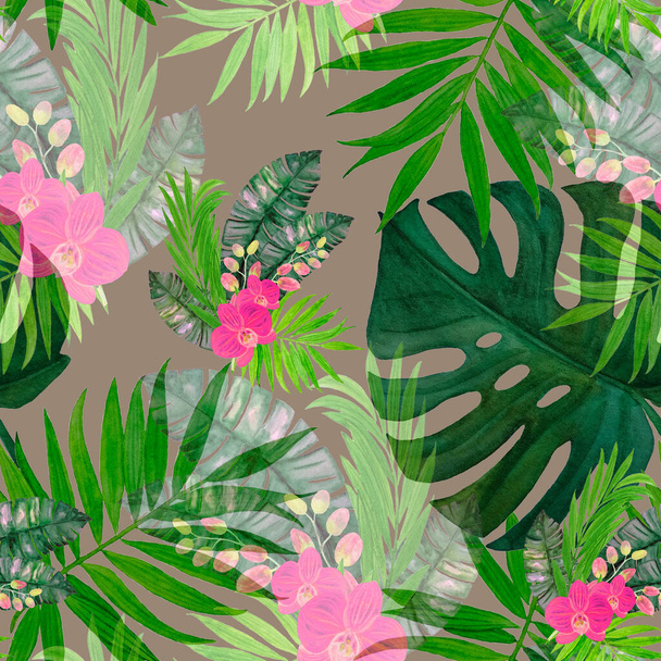 Decorative seamless pattern with watercolor tropical leaves and orchid flowers. Colorful hand drawn illustration. Hawaiian summer exotic print. - Fotografie, Obrázek