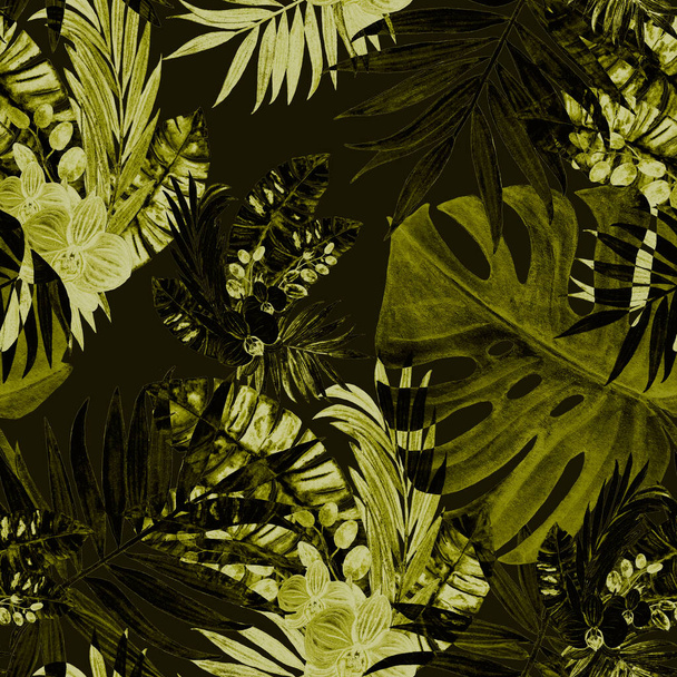 Abstract decorative seamless pattern with watercolor tropical leaves. Monochrome hand drawn illustration. Hawaiian summer exotic print. - Photo, image