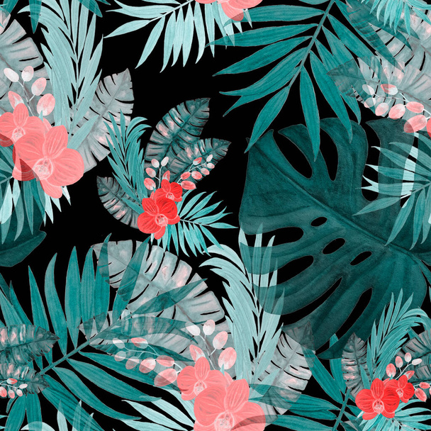 Abstract decorative seamless pattern with watercolor tropical leaves and orchid flowers on black. Colorful hand drawn illustration. Hawaiian summer exotic print. - Фото, зображення