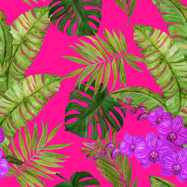 Decorative seamless pattern with watercolor tropical leaves and orchid flowers. Colorful hand drawn illustration. Hawaiian summer exotic print. - Zdjęcie, obraz