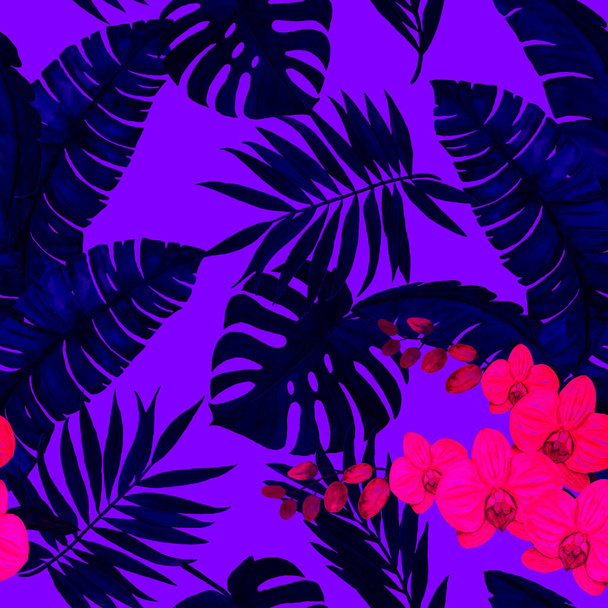 Decorative seamless pattern with watercolor tropical leaves and orchid flowers. Colorful hand drawn illustration. Hawaiian summer exotic print. - Photo, image