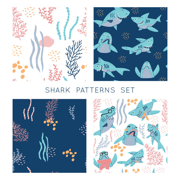 Smiling Sharks Family vector backgrounds  set. Seamless patterns bundle for T-Shirts, Hoodie, Tank. Illustration  for clothes and merch. - Vector, Image