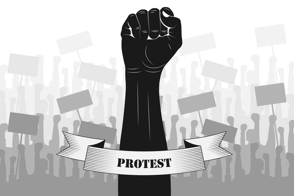 抗議だ。抗議する人々を背景に、 PROTESTというリボンで上げられた拳のシルエット。飼育された拳の黒いシルエット、抗議者、ポスター。ベクトル。ニュースイラスト, info - ベクター画像