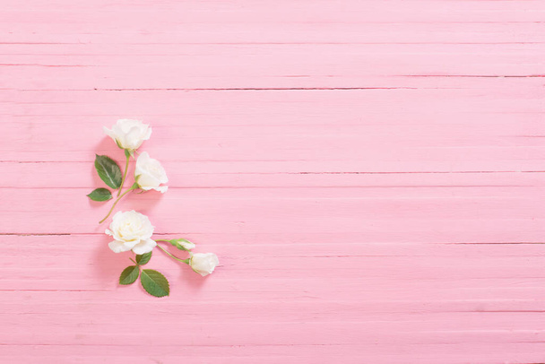 white roses on pink wooden background - Foto, imagen
