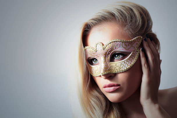 Beautiful Blond Woman in a Carnival Mask.Masquerade. Sexy Girl. Beauty & Fashion - Foto, Imagem