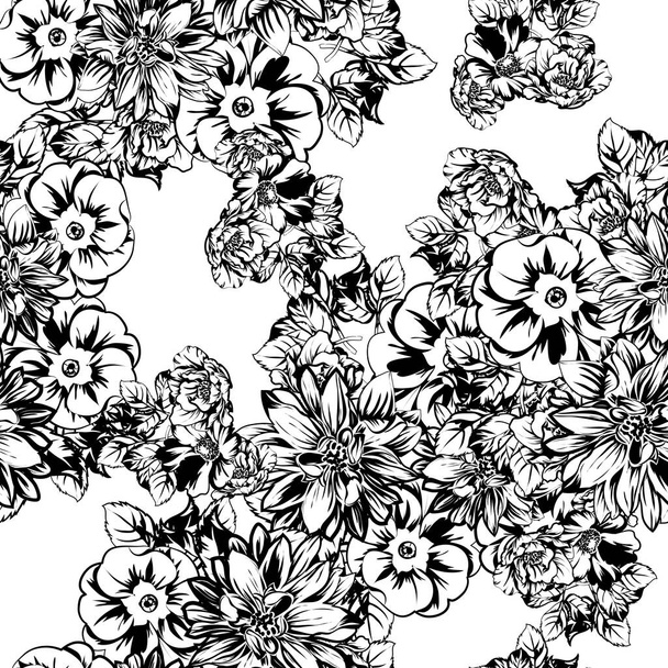 Seamless monochrome vintage style flowers pattern - Vektör, Görsel
