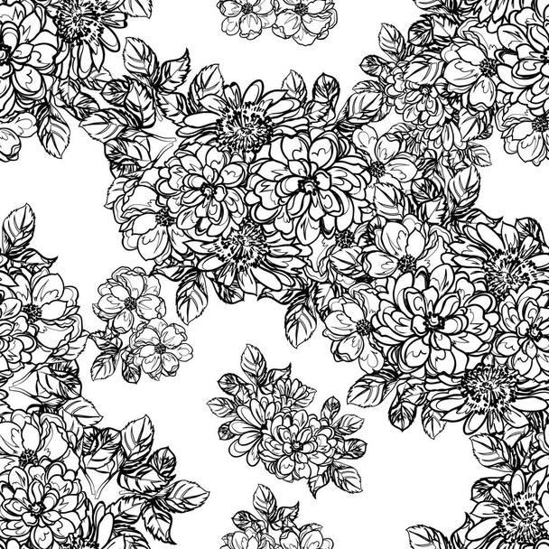 Płynny monochromatyczny vintage styl kwiaty wzór - Wektor, obraz