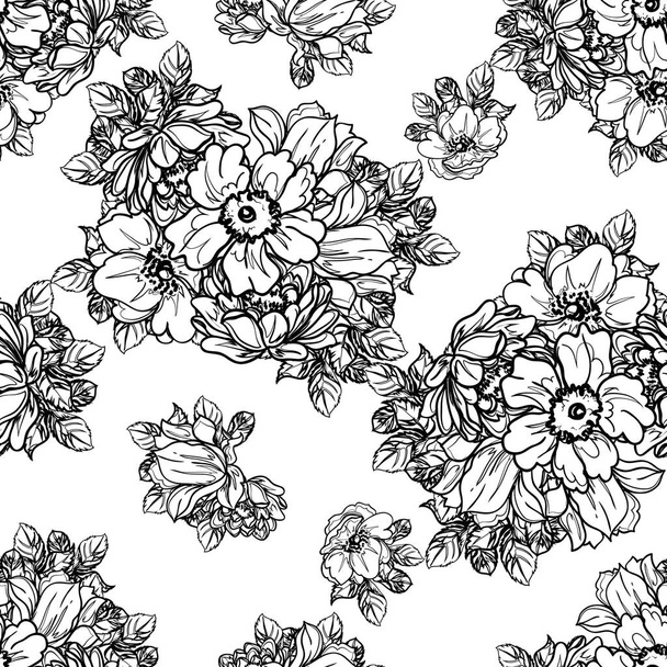 Seamless monochrome vintage style flowers pattern - Διάνυσμα, εικόνα