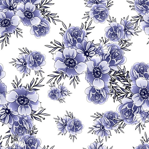 Seamless blue monochrome vintage style flowers pattern - Vector, Imagen