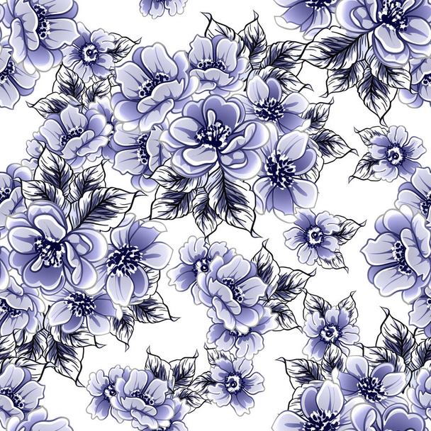 Seamless blue monochrome vintage style flowers pattern - Vector, afbeelding
