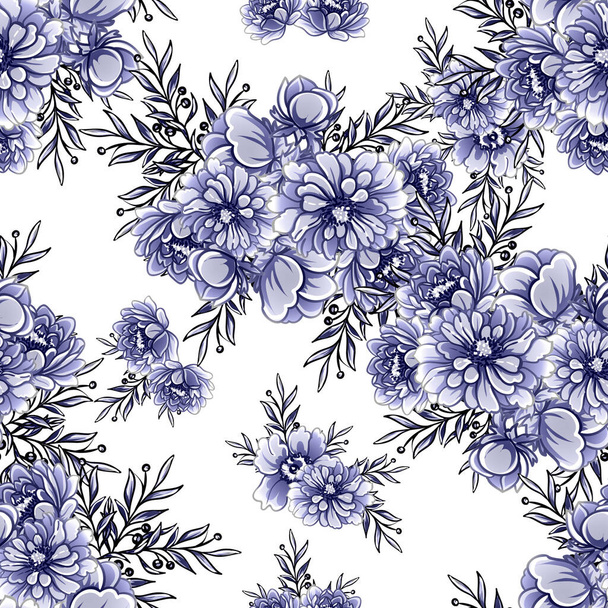 Seamless blue monochrome vintage style flowers pattern - Διάνυσμα, εικόνα