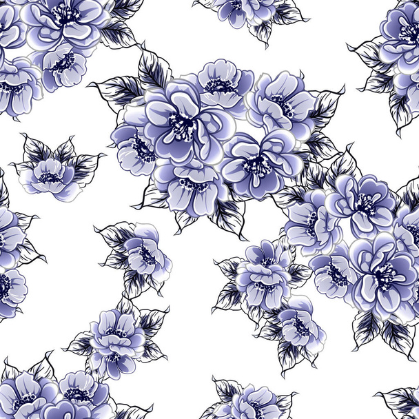 Azul sem costura monocromático estilo vintage padrão de flores - Vetor, Imagem