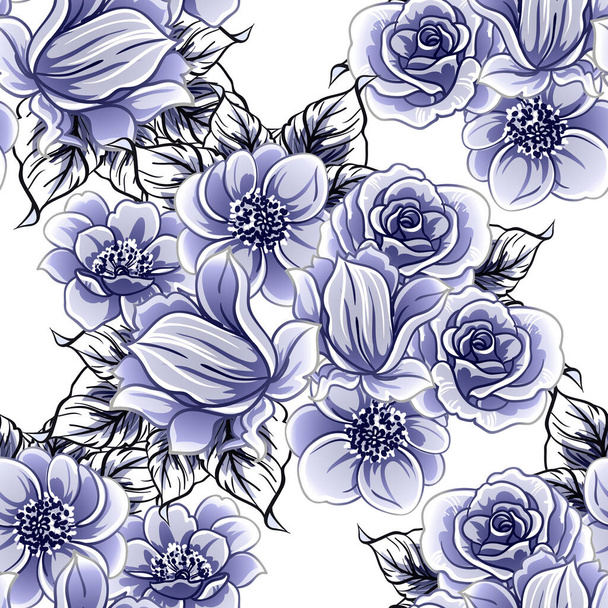 Seamless blue monochrome vintage style flowers pattern - Vector, afbeelding