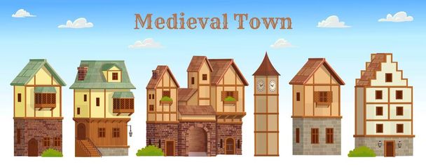 Egy középkori város. Régi városi utca, faház stílusú házakkal. Vektor illusztráció rajzfilm stílusban. - Vektor, kép