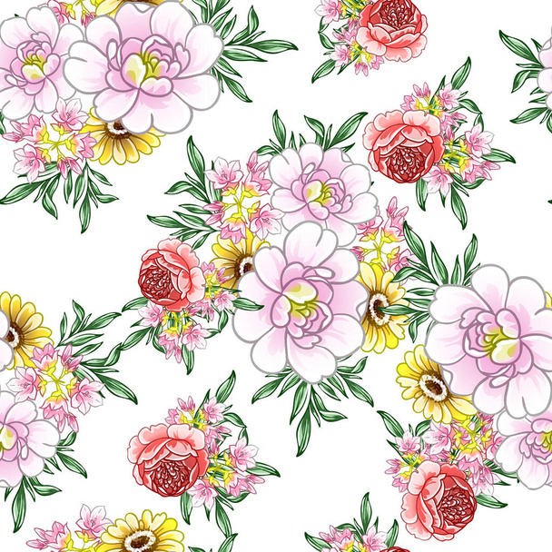 Colourful vintage style flowers seamless pattern - Wektor, obraz