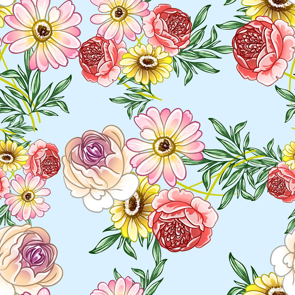 Colourful vintage style flowers seamless pattern - Vector, imagen