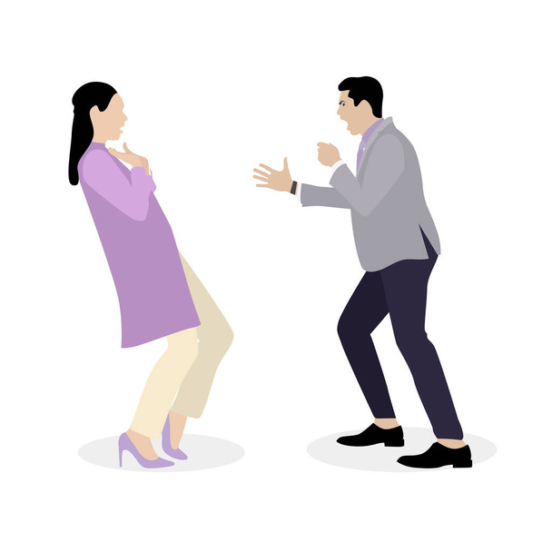 Quarrel and bulling husband yells at wife. Woman and man relationship conflict, illustration couple divorce and aggressive shouting, boss and employee vector. Behavior boyfriend and girlfriend arguing - Vector, Image