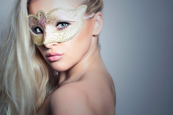 Beautiful Blond Woman in Carnival Mask.Masquerade. Sexy Girl - Foto, Imagem