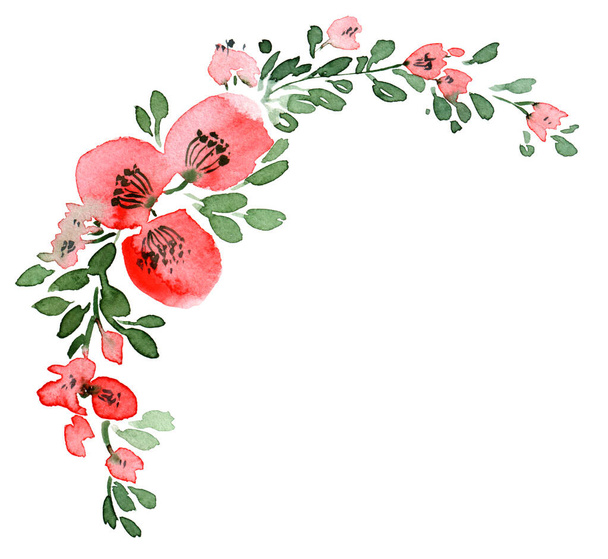 Цветочный венок с цветами мака, листьями и ягодами. Ботанические иллюстрации. Акварель
. - Фото, изображение