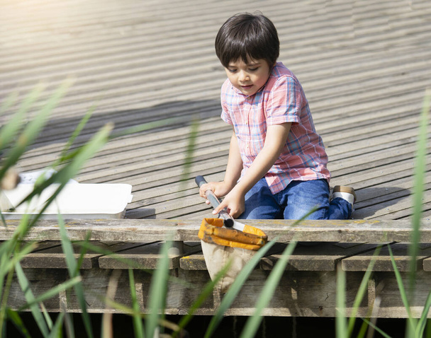Портрет малюка Хлопчик ловить істот у ставку з сіткою в літній час, Дослідник дитини і дізнається про дику природу в сільській місцевості, літній табір активності на відкритому повітрі для дітей
 - Фото, зображення
