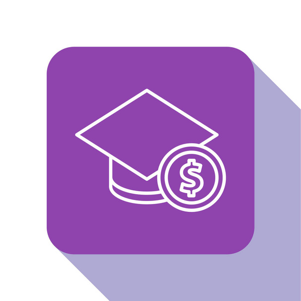 White line Graduation cap and coin icon isolated on white background. Education and money. Concept of scholarship cost or loan, tuition or study fee. Purple square button. Vector.. - Vector, Image