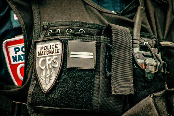 Close-up van de uitrusting van de speciale oproermacht van de Franse nationale politie - Foto, afbeelding