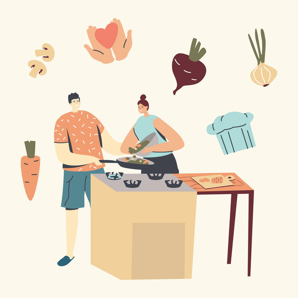 Family Prepare Dinner with Fresh Products on Table. Young Couple Characters Cooking Together on Kitchen. Every Day Routine, Love, Human Relations, Romantic Meal. Linear People Vector Illustration - Vector, Image