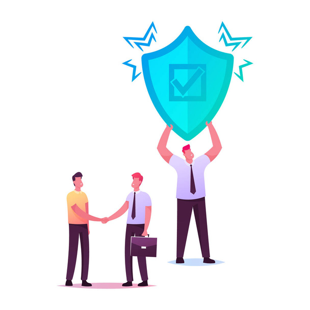 Health, Life or Property Insurance Concept. Agent Character Shaking Hand to Client, Man with Huge Shield. Health Protection, Secure and Financial Guarantee Contract. Cartoon People Vector Illustration - Vector, Image
