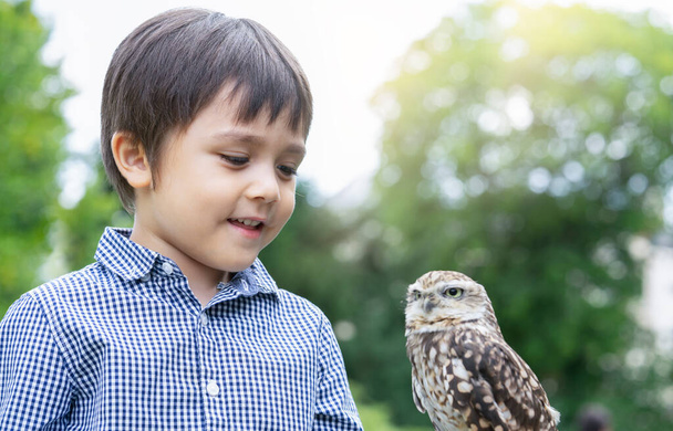 Cortado tiro de criança de pé ao lado de coruja bonito em um parque, menino feliz olhando para coruja pequena bonito com rosto innocnet, Crianças aprendendo com o conceito de natureza
 - Foto, Imagem