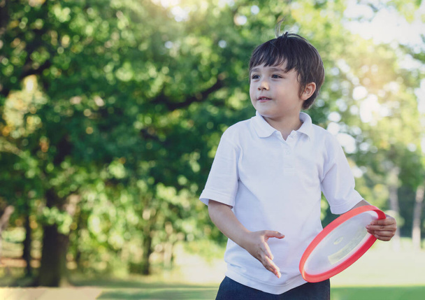 Портрет школяра розважається з літаючим диском у парку, спортом та відпочинком для дітей концепція
 - Фото, зображення