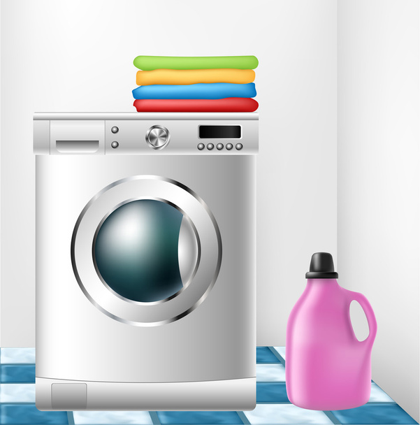 Lavadora con ropa y botella de detergente
 - Vector, imagen